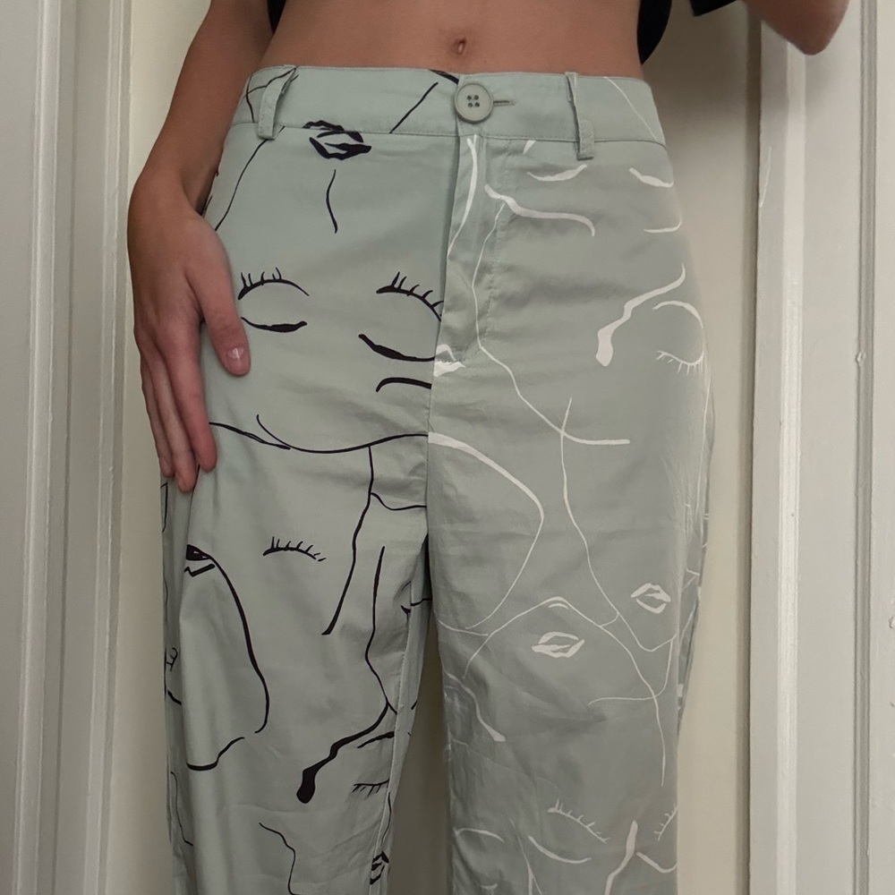 Princess Polly Sage Green Wide Leg Pants with Sketch Print